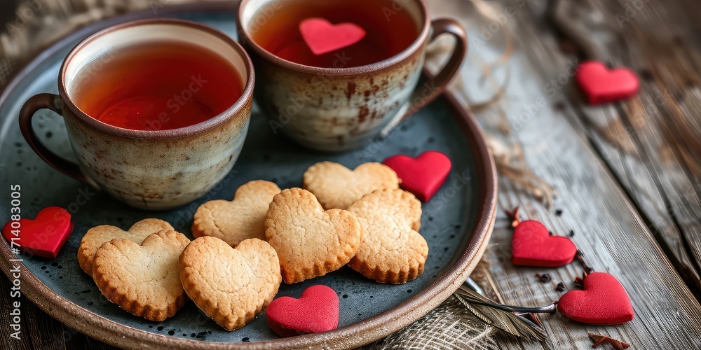 Heart-Shaped Cookies and Tea - Zoom in on heart-shaped cookies arranged on a plate with two cups of tea. This close-up captures the sweet and inviting side of Valentine's Day