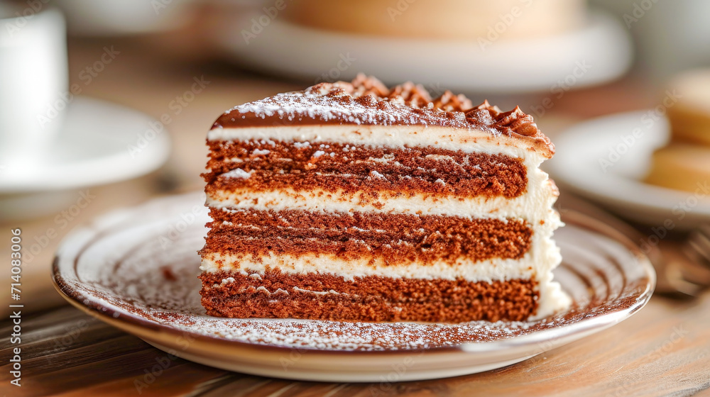 A single slice of classic tiramisu cake with layers of mascarpone and cocoa, served on a white ceramic plate.
A single slice of classic tiramisu cake with layers of mascarpone and cocoa, served on a white ceramic plate.