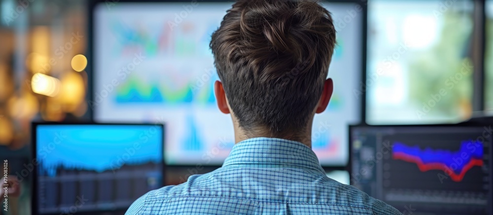 Young businessman examining office computer graph from behind. Young businessman examining office computer graph from behind.