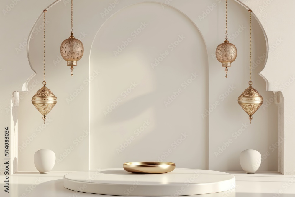 Ramadan Festival Golden Lantern and Empty White Plate on a Decorative Background Ramadan Festival Golden Lantern and Empty White Plate on a Decorative Background