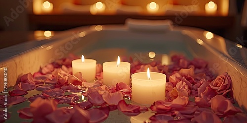 Candlelit Spa for Two - Luxuriate in a spa scene with a couple enjoying a candlelit bath filled with flower petals. This luxurious and relaxing setup evokes a sense of intimacy and pampering