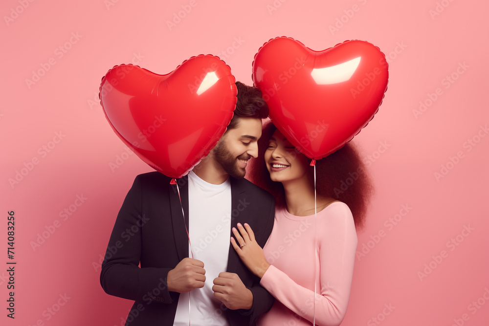 Happy Diverse Multicultural Couple With Heart Balloon for Valentines Day Coral Background Diversity Happy Diverse Multicultural Couple With Heart Balloon for Valentines Day Coral Background Diversity