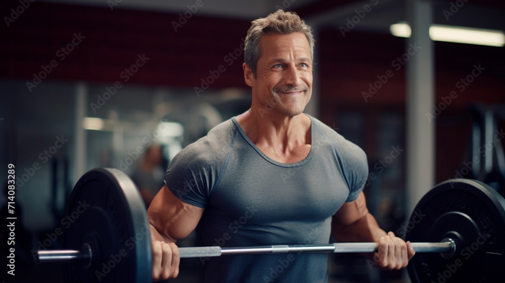 A man in his fifties, lifting weights in the gym, with a fit and toned body, a clean shave and tidy hair. A man in his fifties, lifting weights in the gym, with a fit and toned body, a clean shave and tidy hair.