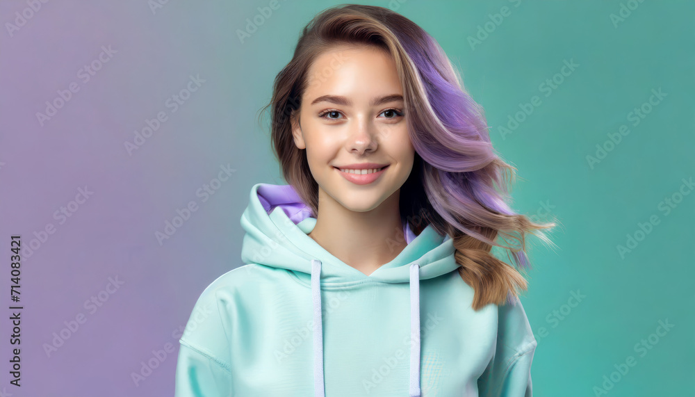 Smiling Young Woman in Purple Mint Fashion Outfit