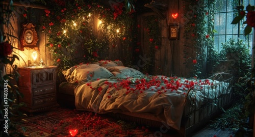 red hearts are shown on an intricately decorated bed with decorations