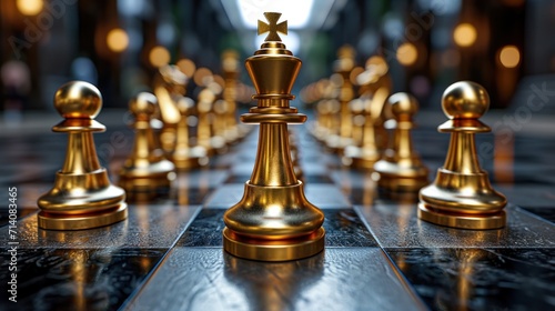 golden chess pieces on a black tiled