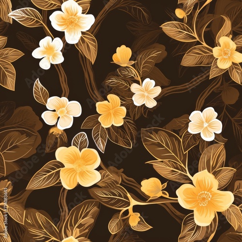 Brown and White Flower Pattern on Black Background