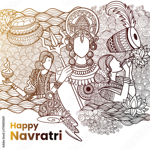 Vector Illustration sketching Of Navratri . Festival of india With Beautiful Maa Durga doodle with decorative surroundings 
