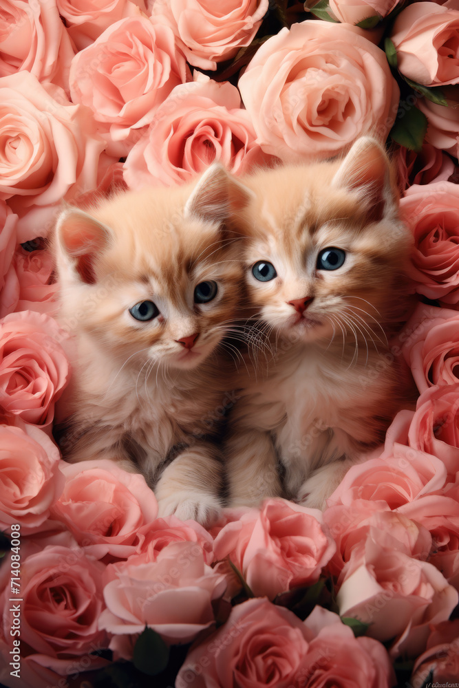 Two Fluffy Orange Tan Kittens Surrounded by Roses, Generative AI