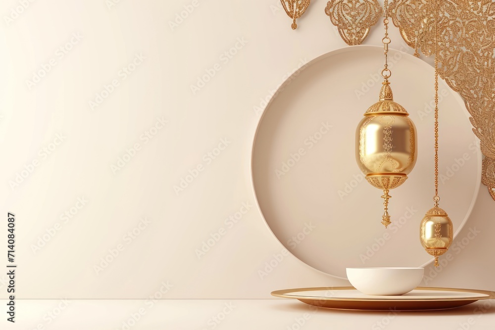 Ramadan Festival Golden Lantern and Empty White Plate on a Decorative Background Ramadan Festival Golden Lantern and Empty White Plate on a Decorative Background