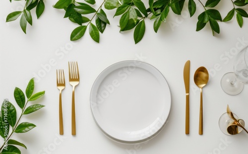 white table setting with green plant leaves