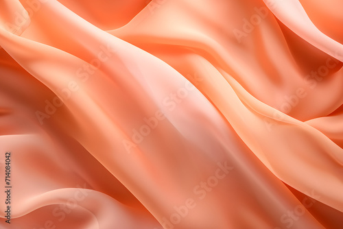 Silken peachy fabric flowing in soft waves. Luxury textiles. Peach Fuzz 2024. Ideal for interior design backgrounds, fashion design, banner