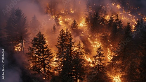 Forest fire in early stage with wisps of smoke curling in hazy atmosphere. Flames dance among branches, illuminating darkened forest with flickering orange glow