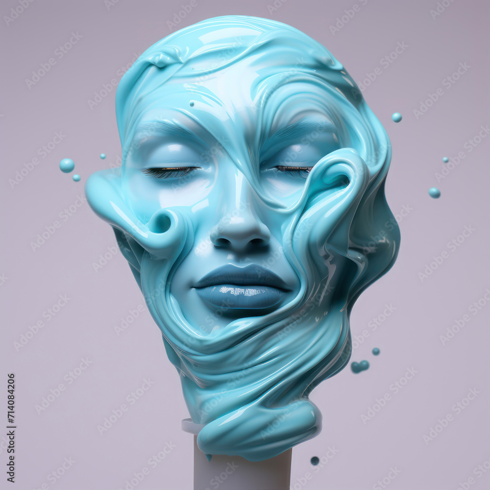 Face with turquoise paint. 3d render. Contemporary art.