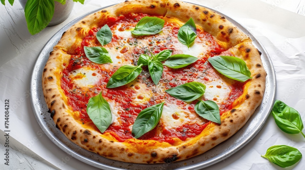 Delicious Margherita pizza slice with a thin, crispy crust, vibrant red tomato sauce, melted mozzarella, and fresh basil leaves. Perfectly baked with golden-brown edges and charred spots Delicious Margherita pizza slice with a thin, crispy crust, vibrant red tomato sauce, melted mozzarella, and fresh basil leaves. Perfectly baked with golden-brown edges and charred spots
