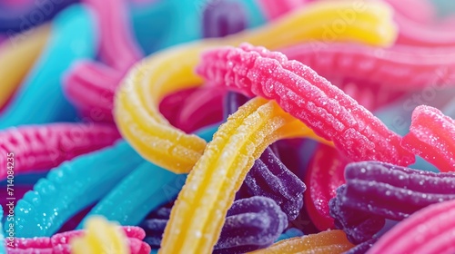 Vibrant neon-colored candy worms entwined together, radiating a captivating glow on a dark background. Hyper-realistic, detailed, and eye-catching stock image with a neonpunk essence photo