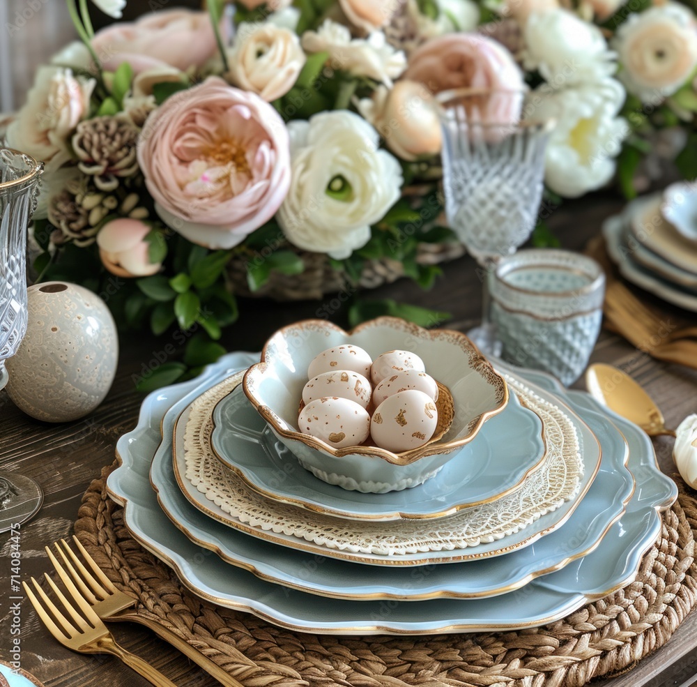 easter table setting with flowers and plates