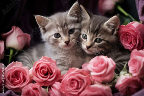 Obraz na płótnie Two Fluffy Grey Cute Kittens Surrounded by Roses, Generative AI
w salonie