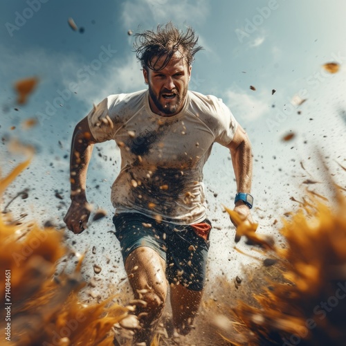 A man runs through the mud. activity. Outdoor sports. marathon. Overcome obstacles. willpower. runner