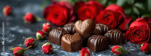 some chocolates in a heart shape sit on top of red roses