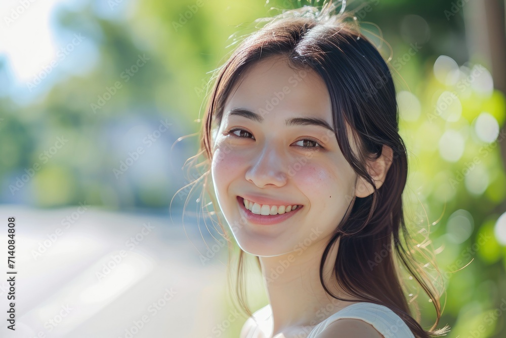 Smiling Asian lady in a sharp-focused, hyper-realistic portrait. She embodies elegance and natural beauty with a joyful and serene expression Smiling Asian lady in a sharp-focused, hyper-realistic portrait. She embodies elegance and natural beauty with a joyful and serene expression