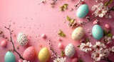 pink background with easter eggs and flowers easter background