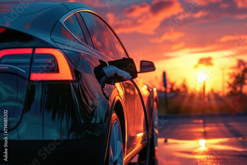 Charging electric car at a sunset. Futuristic design, seamless process, secure connection, and renewable energy