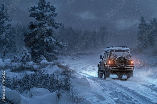 Snow-covered SUV drives on a darkening snowy road. Hyper-realistic winter landscape with undisturbed pristine white snow. SUV's headlights emit a warm glow, snowflakes fill the air
