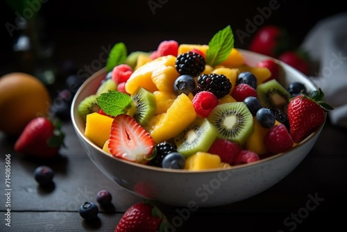 a yummy fruit salad in a bowl. Generative AI