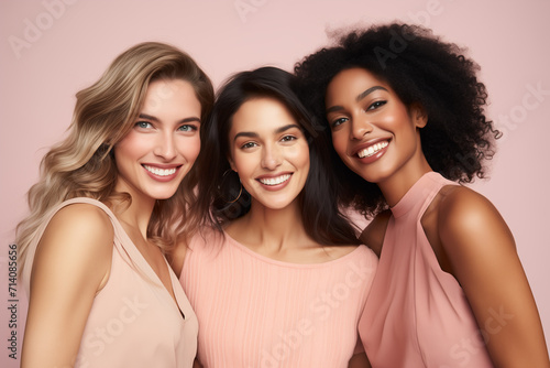 Three Smiling Multiracial Female Models Posing Inside Light Pink Studio