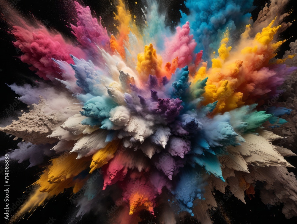 Fototapeta premium Fantastic forms of powder paint and flour combined together explode in front of a black background to give off fantastic color explosions in bizarre multi colored cloud forms