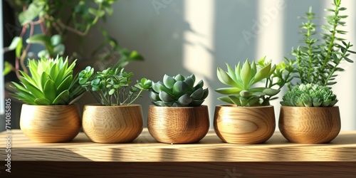 the small wooden plants are on a wooden shelf © ArtCookStudio