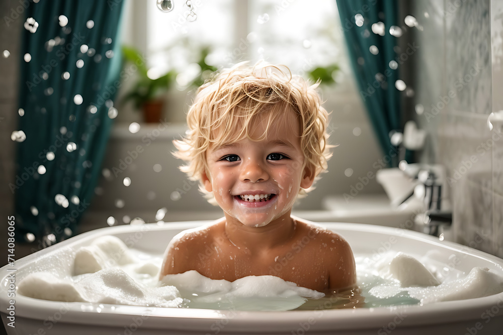 Happy little boy laughing and bathed in the bath Happy little boy laughing and bathed in the bath