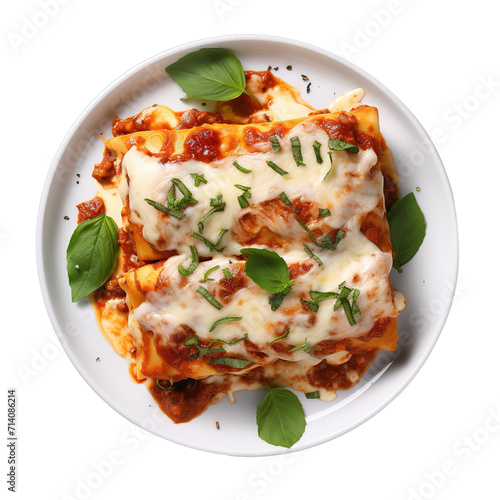 Lasagna served Isolated on transparent background. Generative AI