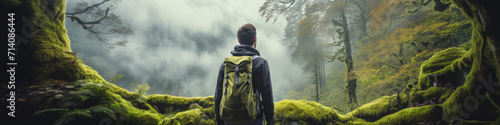 Traveler looking at view and stand in front of An enchanting forest, with moss-covered trees and a mystical atmosphere