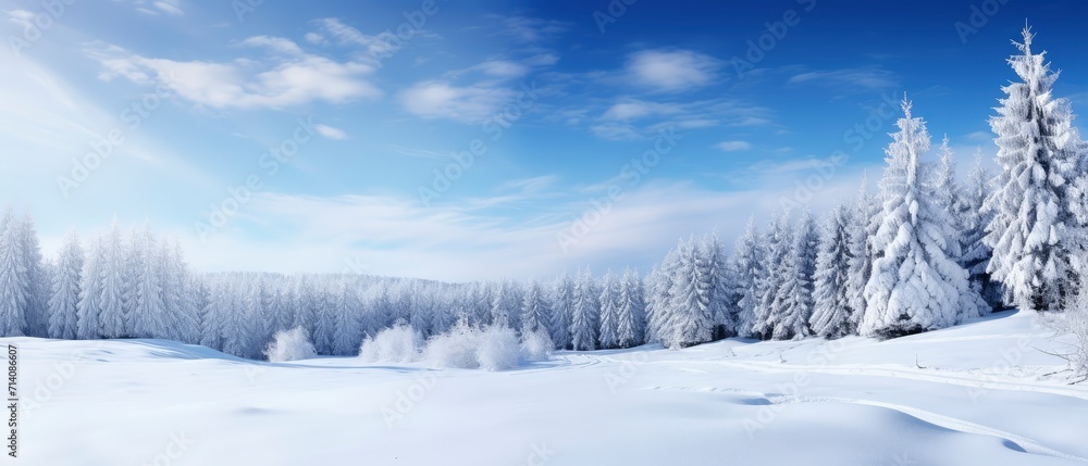 Snow Covered Field With Trees in the Background