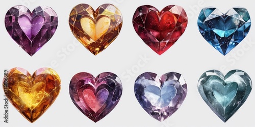 Heart-shaped Gemstone Collection - Create a series of illustrations featuring heart-shaped gemstones in various colors and sizes. Each gemstone can symbolize a different facet of love, such as passion
