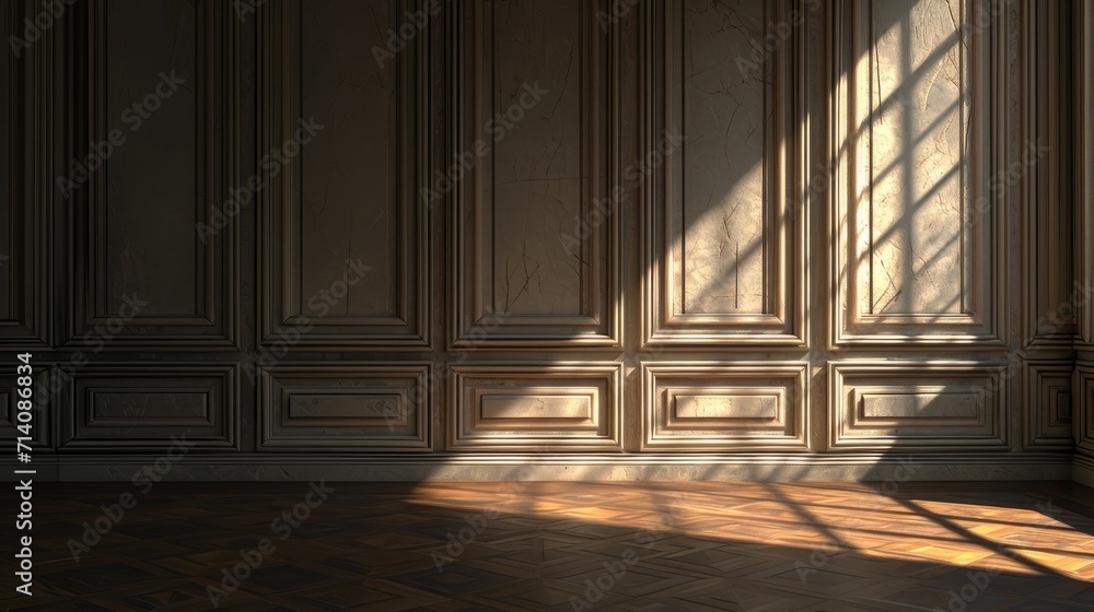 Hyper-realistic art deco wall with a shadow cast, in light yellow and dark gray. 3D render with sharp focus and detailed texture. Perfect for design, architecture, and vintage themes