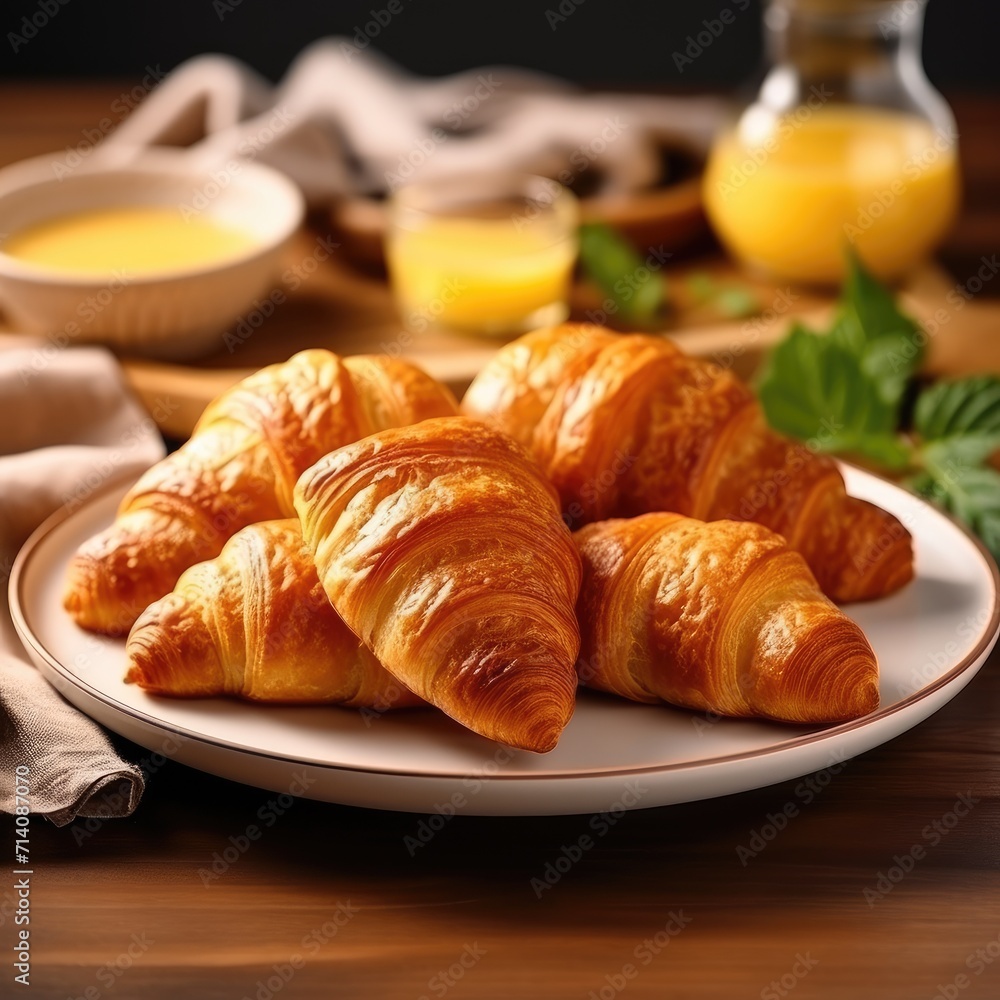 Delicious breakfast with fresh croissants on white background.