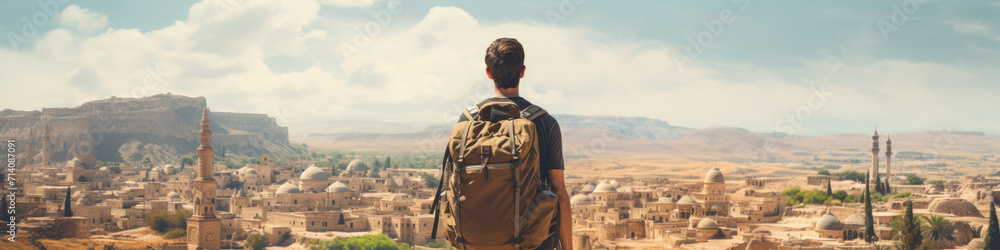 Traveler looking at view and stand in front of A historical landmark, preserving the stories of ancient civilizations Traveler looking at view and stand in front of A historical landmark, preserving the stories of ancient civilizations