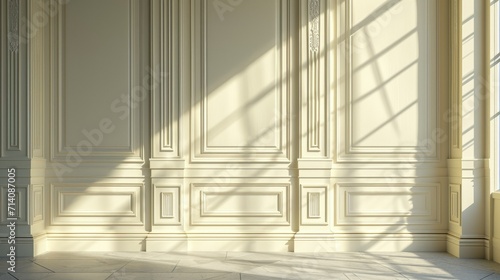 Hyper-realistic 3D render of an art deco wall in light yellow and dark gray. Classicism meets modernity
