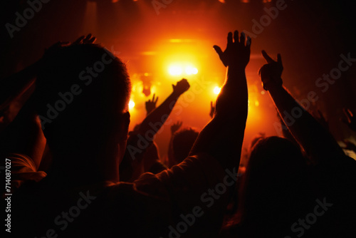 Club, concert and audience with hands or lights for music, party and rave festival with silhouette and dancing. Disco, psychedelic event or performance with entertainment, crowd and rear view gesture