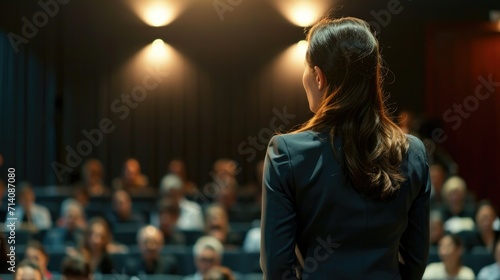 Confident businesswoman giving a presentation in a sharp, tailored suit on a well-lit stage. Engaged audience members taking notes as she nods. Relevant charts and graphs on screens in the backdrop