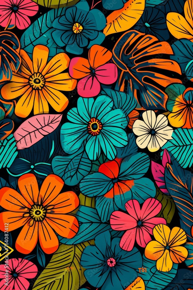 Colorful Flowers and Leaves on Black Colorful Flowers and Leaves on Black