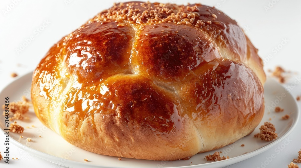 Freshly baked Belgian Bun with a golden-brown crust, perfect shape, and fluffy interior. Its sticky glaze glistens on a white plate, tempting your taste buds