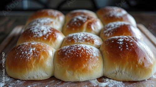Delicious golden brown sweet buns with a fluffy and soft texture, topped with powdered sugar. Baked to perfection, these homemade treats are a mouthwatering indulgence for breakfast or dessert