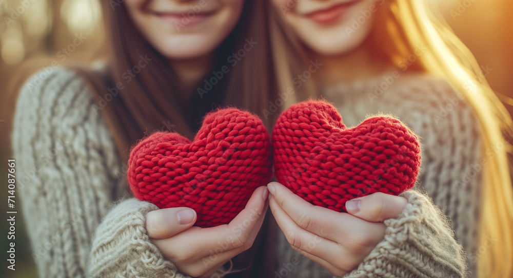 two women holding hearts, natural fiber style, creative attribution two women holding hearts, natural fiber style, creative attribution