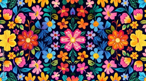 Vibrant Flower Pattern on Black Background © BrandwayArt