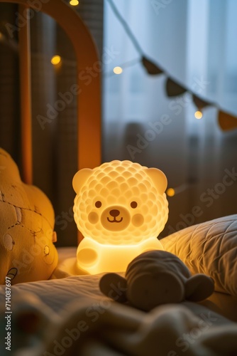 An adorable  nightlight lamp casting a warm glow, nestled among soft blankets, creating cozy and whimsical atmosphere in bedroom or baby nursery.