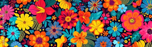 Colorful Flower Pattern on Black Background © BrandwayArt
